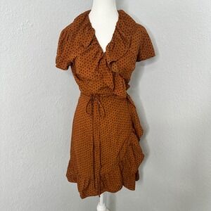 Barneys New York Brown Polka Dot Ruffle Wrap Mini Dress - women's Size M